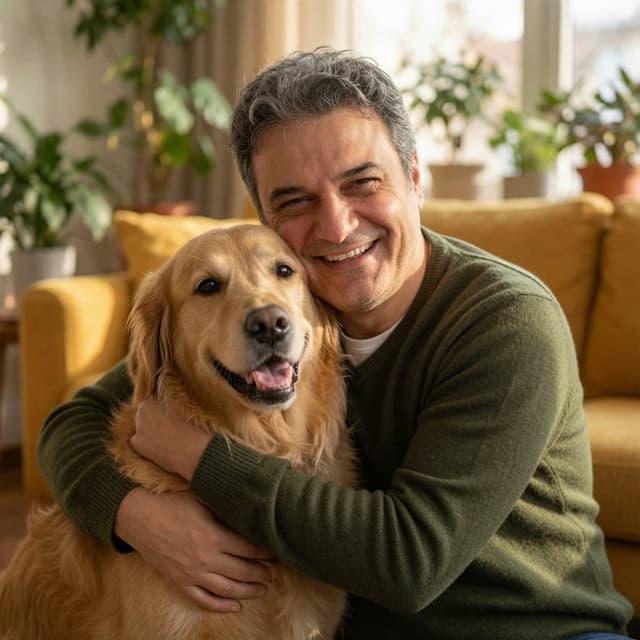 Bruce, the founder of PetVitae Labore with Spark posing for a camera in their living room