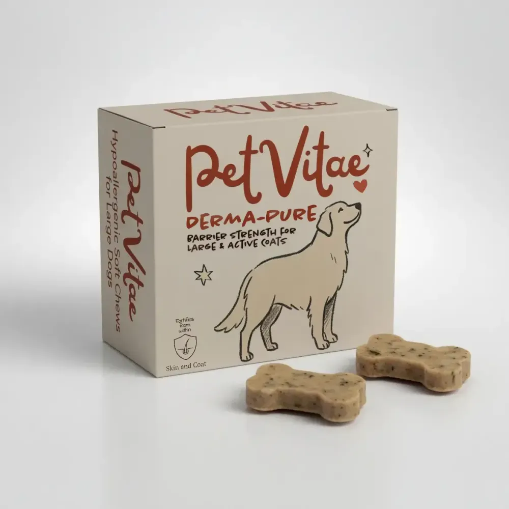 A box of Derma-Pure for larger breeds sat on a white table, with a couple of chews open on the table