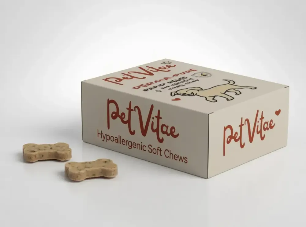 A box of Derma-Pure for smaller dogs face up with a couple of chews outside to be seen - supplement Image