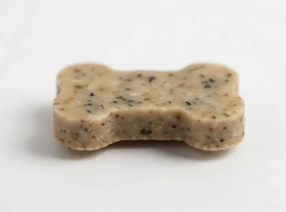 Close up picture of a single Derma-Pure chew laid on a white table