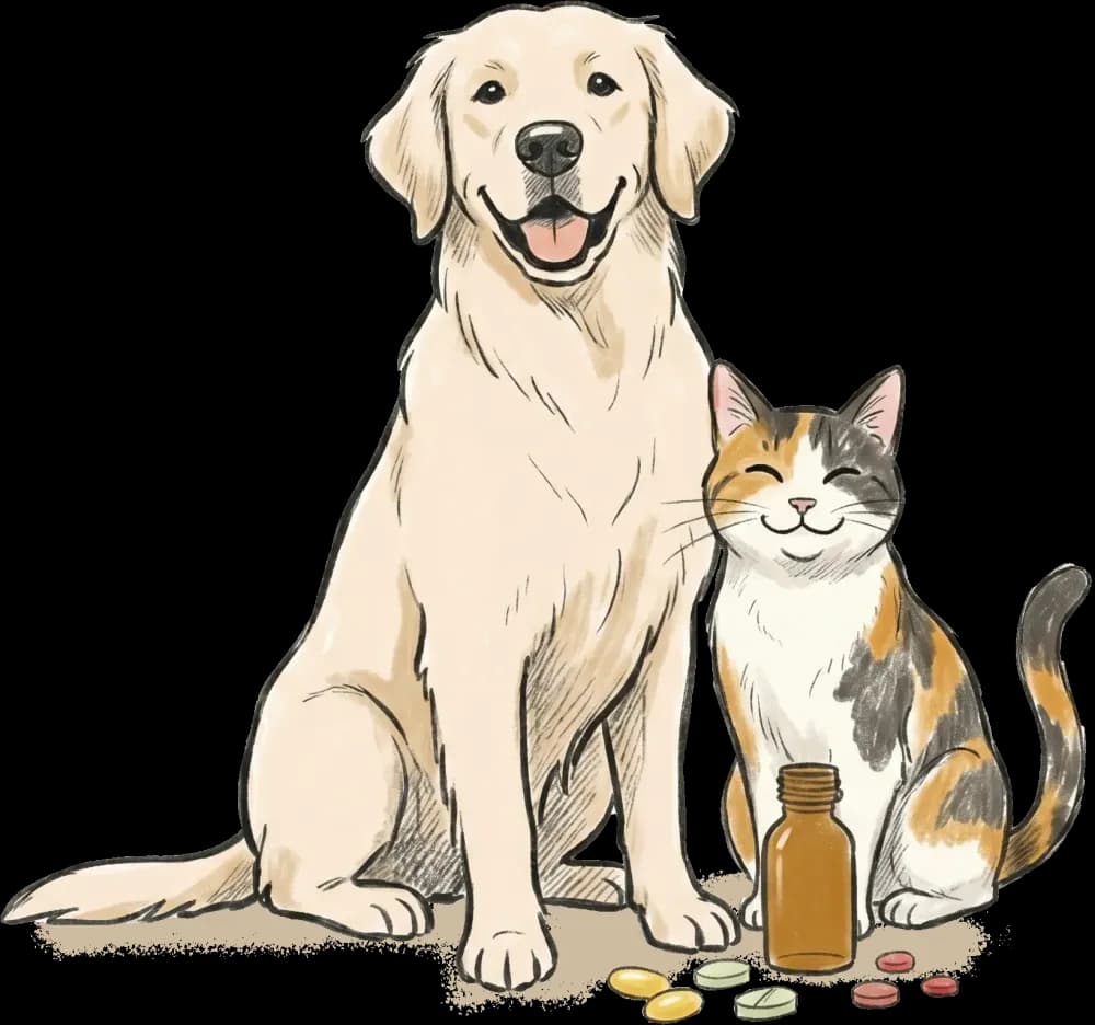 Well cared dog and cat with correct amount of daily vitamins diet