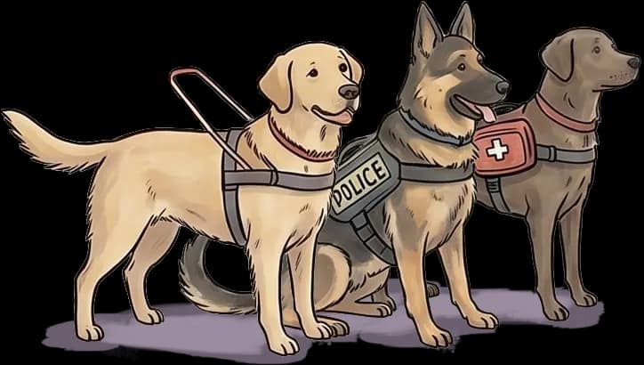 Illustration of 3 service dogs: a guide dog, police dog, assistance dog.
