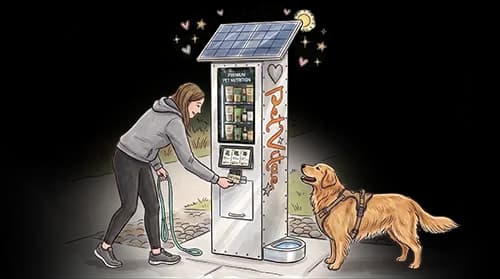 Illustration of a woman operating a virtual machine with a PetVitae card.
