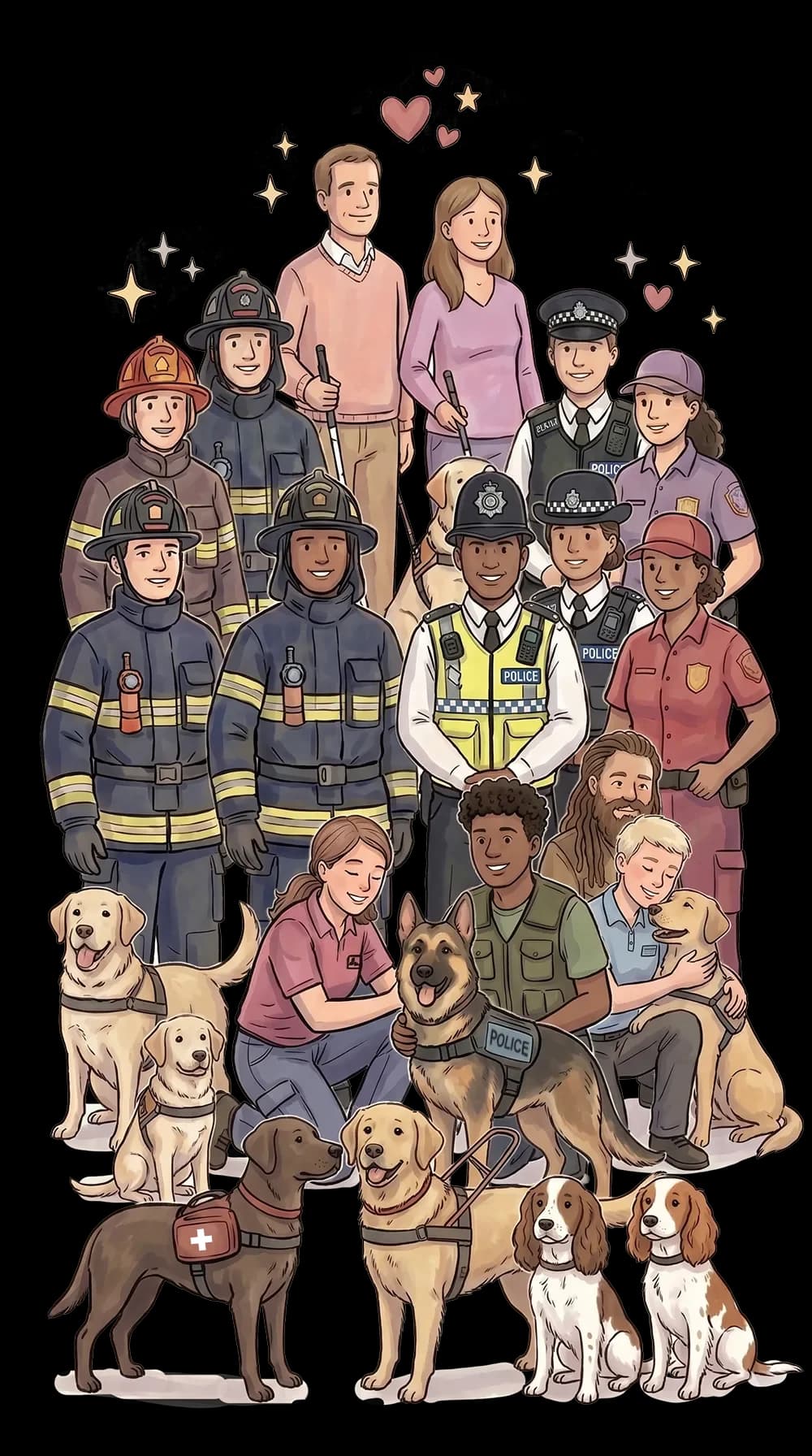 Illustration of a set of people with their service animals, blinds, police, fire and others with their dogs.