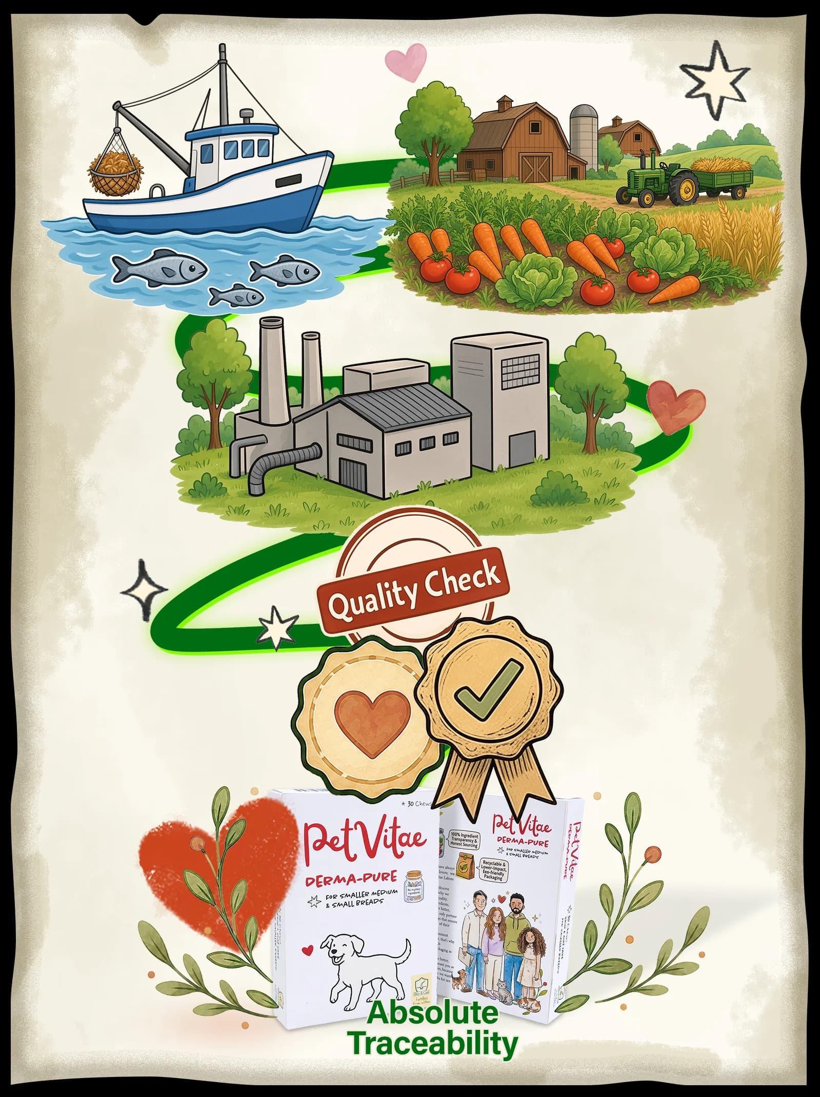 an illustation of a map showing the origin of every ingredient in a PetVitae product is authenticated and checked.