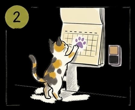 a cute smart kitten marks schedule on a wall calendar