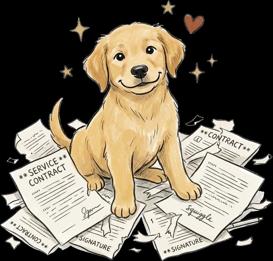 a happy playful puppy torn contract papers into pieces!
