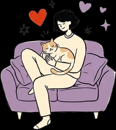 a girl sitting on a sofa in a cozy room cuddles a kitten