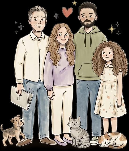 an illustration depicting a hand drawn family: a dad (with his laptop!), a mom, a boy (a tall beardy gent, the son) and a curly haired girl in a cute dress (the daughter), standing next to eachother with their cats and dogs.