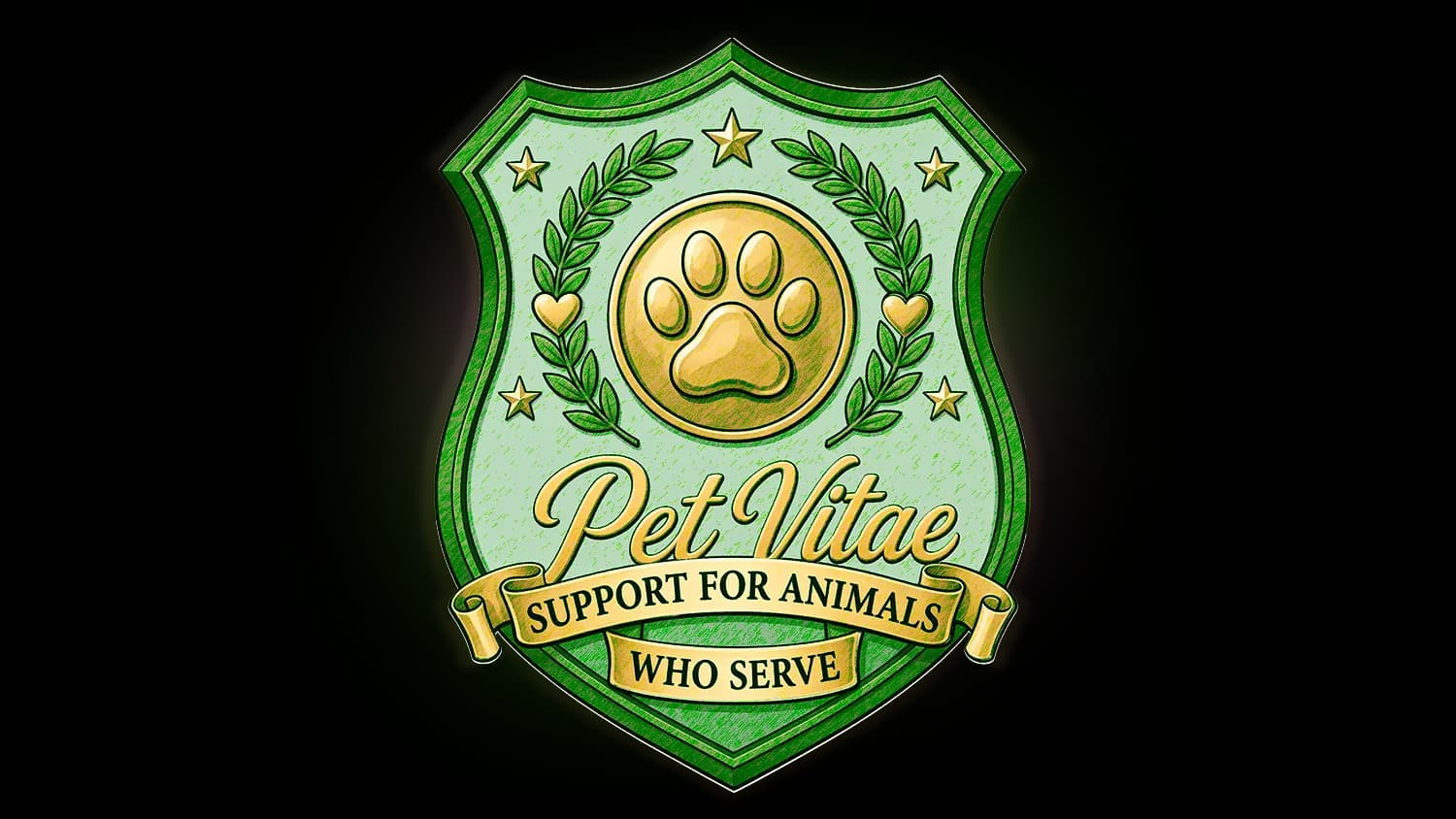 A shield illustrated by hand to show our service
animal pledge