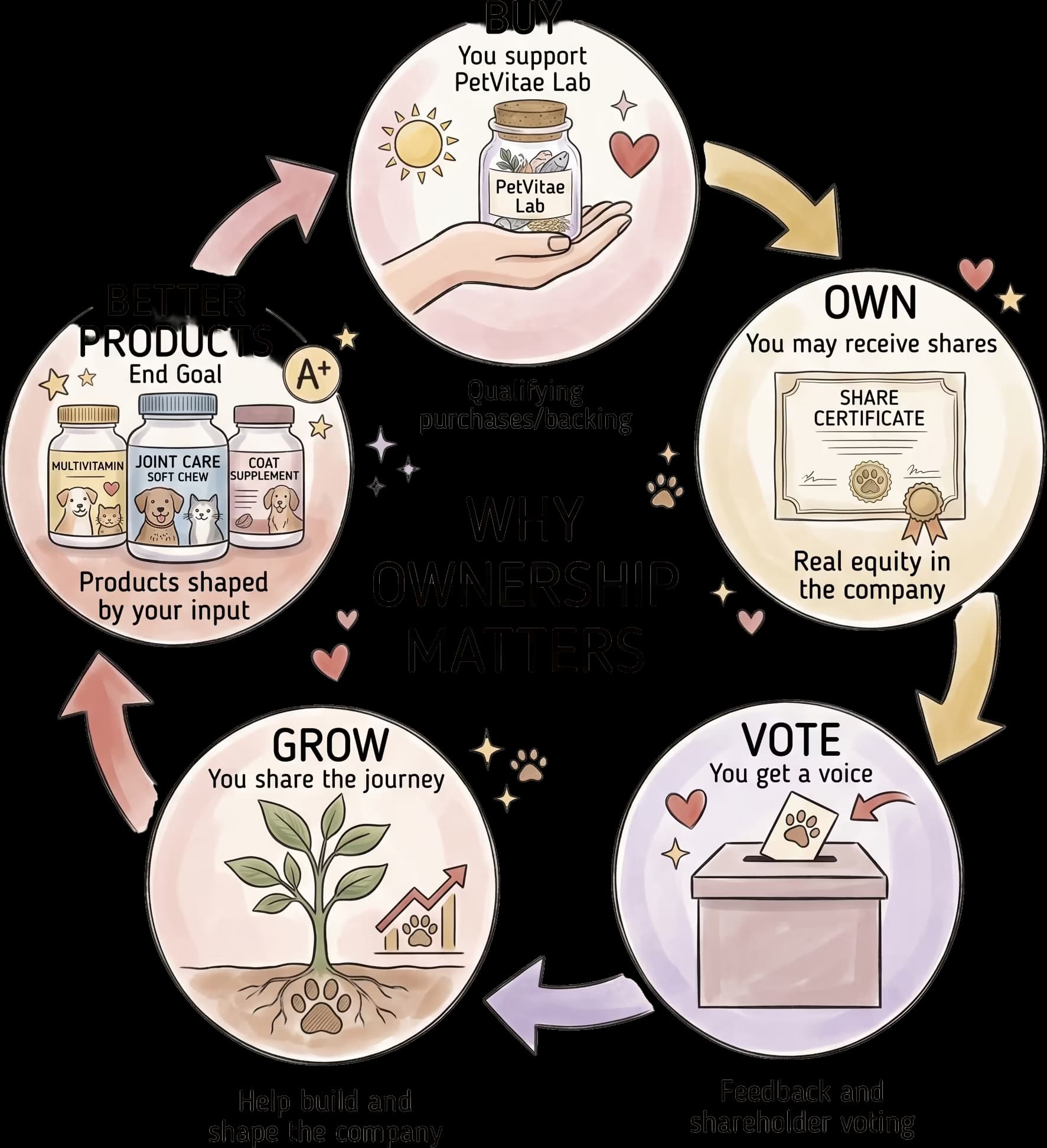Visualises the circle of prosperity by a circular diagram that shows buy → own → vote → grow → better products.
