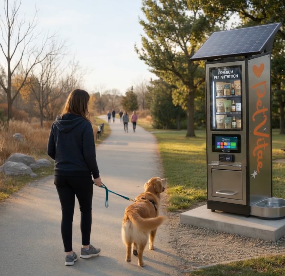 A pet parent walking her dog on leash in a public park where they come across a solar powered PetVitae Labore vending machine standing on a clean secure concrete slab, providing fresh water for the pet and nutritional treats for their animal
