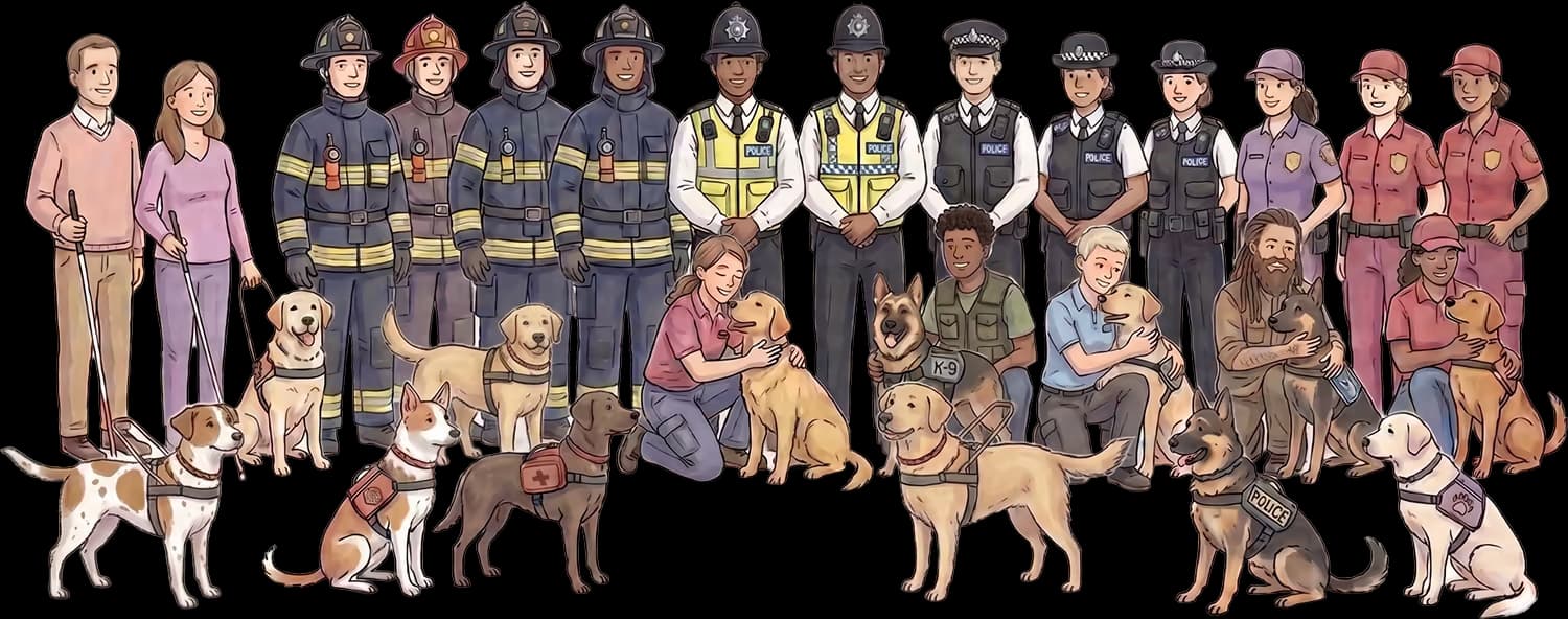 A wide-angle, hand-drawn illustration of a unified team of public safety and assistance professionals on a warm off-white background. From left to right, the smiling group includes a visually impaired man and woman with white sticks, five firefighters in turn-out gear, two British police officers in high-visibility vests and custodian helmets, three diverse police officers in dark uniforms, and five emergency responders in maroon. Various working service dogs—including Labradors and German Shepherds in harnesses or red vests—are lined up in the foreground alongside three dog trainers interacting warmly with them. Whimsical stars and hearts float subtly above the team.
