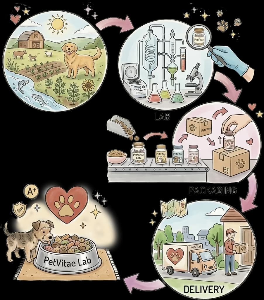from source to bowl is visualising the journey: source/farm → lab → packaging → delivery → pet bowl