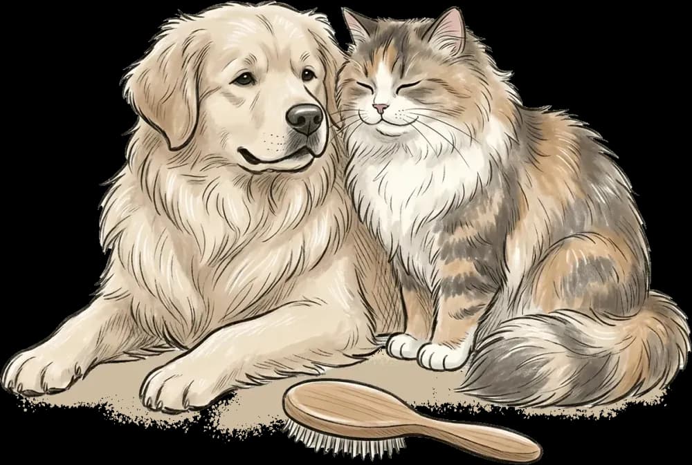 Fluffy cat and dog with healthy skin